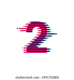 Number two logo with vibrant line glitch effect. Vector font perfect to use in your nightlife labels, expressive game screen, electronic identity.