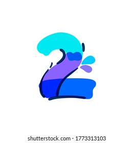 Number two logo with water drops and waves. Handwritten with a felt-tip pen. Vector bold marker font can be used for washing labels, healthcare headlines, pure posters, ecology cards etc.