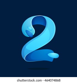 Number two logo with water waves and drops. Vector design for banner, presentation, web page, card, labels or posters.