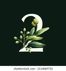 Number two logo in watercolor style with olive branches. Illustration of mediterranean berries, green leaves, flowers, buds, and branches. 