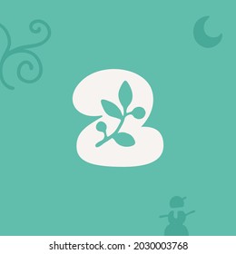 Number two logo with a wreath for Christmas and 2022 New Year design. Perfect for your family gifts package, greeting cards to your colleagues, and t-shirts prints.
