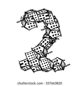 Number two made from houses, vector alphabet for your design
