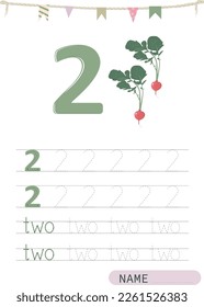 Number two. Numbers worksheet. Handwriting activity for kids. Workbook for preschoolers and kindergarten.