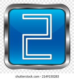 Número dos, numeral simple vector de icono. Diseño plano. Botón cuadrado azul metálico. cuadrícula transparente.ai