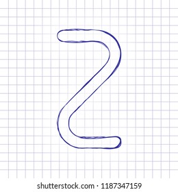 Number two, numeral, simple letter. Hand drawn picture on paper sheet. Blue ink, outline sketch style. Doodle on checkered background