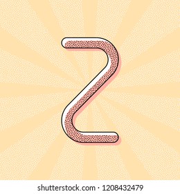 Number two, numeral, simple letter. Vintage retro typography with offset printing effect. Dots poster with comics pop art background