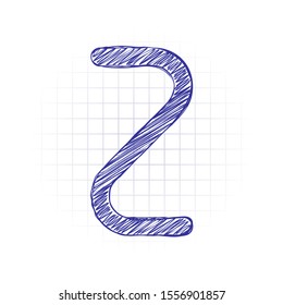 Number two, numeral, simple letter. Hand drawn sketched picture with scribble fill. Blue ink. Doodle on white background