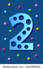 Number Two in paper cut style on a Classic blue background with colorful stars. Bold color and bright text. Card for teaching, birthday, children's game or holiday. Bold capital blue number. 