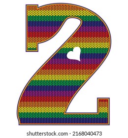Número Dos Con Patrón LGBT Arcoiris. Número 2 Aislado En Un Fondo Blanco. Patrón De Punto En Los Colores De Bandera LGBT
