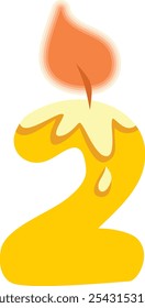 
Number Two Shaped Candle Vector Cartoon Design Illustration. Numerical designed celebratory décor for birthday event
