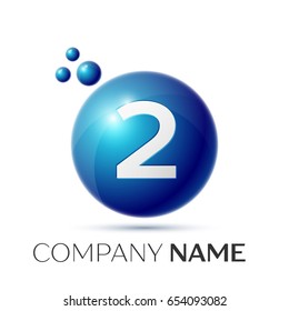 Number two splash logo. Blue dots and bubbles number design on grey background. Vector Illustration