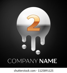 Number Two splash logo. Golden dots and silver bubbles letter design on black background. Vector Illustration