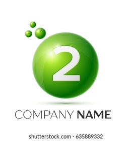 Number two splash logo. Green dots and bubbles number design on grey background. Vector Illustration
