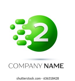 Number two splash logo. Green dots and bubbles number design on grey background. Vector Illustration
