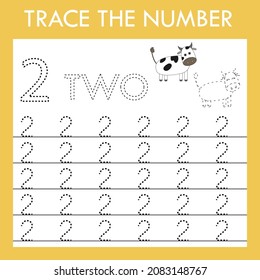 Number two stroke worksheet with  pets cows for fine motor skills kids. Educational game for preschoolers.
