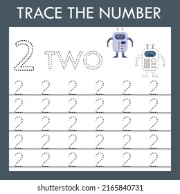 Number two stroke worksheet with robot  for fine motor skills kids. Educational game for preschoolers.