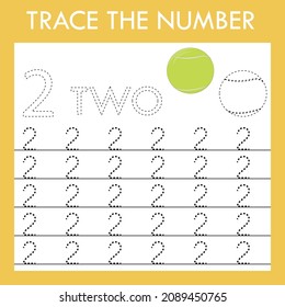 Number  two   stroke worksheet with  tennis balls for fine motor skills kids. Educational game for preschoolers.