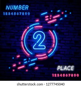 Number two symbol neon sign vector. Second, Number two template neon icon, light banner, neon signboard, nightly bright advertising, light inscription. Vector illustration