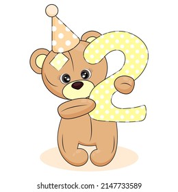 Number two and teddy bear, baby birthday card on white isolated background, cute cartoon character and number two, textile print, packaging, vector illustration, party invitations