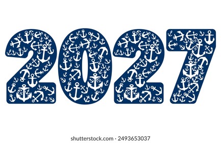 Number Two Thousand Twenty Seven With Anchor Pattern. Number 2027 Isolated On A White Background
