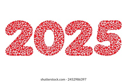 Número Dos Mil Veinticinco Con Corazones Rojos Amor Patrón Ilustración vectorial. Número 2025 Aislado Sobre Un Fondo Blanco
