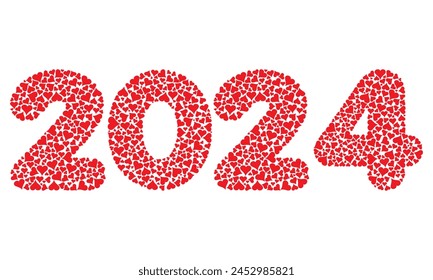 Número Dos Mil Veinticuatro Con Corazones Rojos Amor Patrón Ilustración vectorial. Número 2024 Aislado Sobre Un Fondo Blanco
