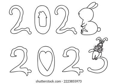 The number two thousand and twenty-three is drawn with a black outline, the number three is like a rabbit, it is intended for calendar, poster, printing and other cases.