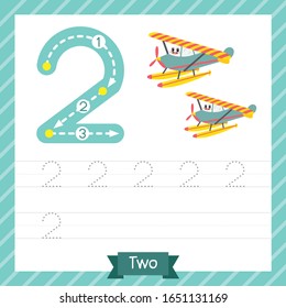 Number two tracing practice worksheet with 2 seaplanes for kids learning to count and to write. Vector Illustration.