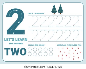 Number two tracing practice worksheet with 2 christmas trees for kids learning to count and to write. Worksheet for learning numbers. Number 2. Training write and count numbers. Coloring exercises