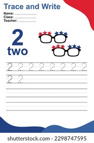 Number two tracing practice worksheet with 2 glasses for kids learning to count and to write with 4th July theme. Vector Illustration. Exercise for children to recognize the number.