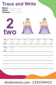 Number two tracing practice worksheet with two queens in purple dress for kids learning to count and to write. Vector Illustration. Exercise for children to recognize the number.