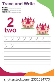 Number two tracing practice worksheet with two castles for kids learning to count and to write. Vector Illustration. Exercise for children to recognize the number.
