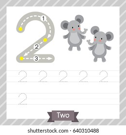 Number two tracing practice worksheet with 2 elephants for kids learning to count and to write. Vector Illustration.