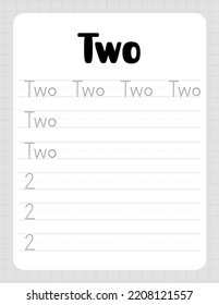 Number Two. Tracing Worksheet for kids. Learn how to write numbers for Preschool Kids. Practicing motor skills for kids. Printable vector illustration.