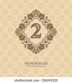 Number two Typographic design elements, Calligraphic graceful template, Elegant line art logo, Business sign for Royalty, Boutique, Restaurant, Cafe, Hotel, Heraldic, Jewelry, Wine