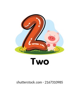 Number Two typography with cartoon style design in vector illustration. Number of 2 clipart with animal clipart using kids mathematic page. Kindergarten worksheet of maths number.