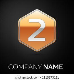 Number Two vector logo symbol in the golden hexagonal on black background. Vector template for your design