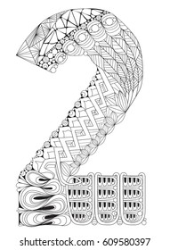 Number two Zentangle. Vector decorative number