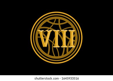 number type eight set of roman numerals isolated with vintage circle frame in black background. Vector numbers concept. Design element for clock face, banners, posters.