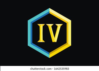 number type four set of roman numerals isolated on black background with hexagonal frame. Vector numbers concept. Design element for clock face, banners, posters