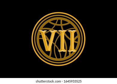 número tipo siete conjunto de números romanos aislados con marco de círculo vintage en fondo negro. Concepto de números vectores. Elemento de diseño para la cara de reloj, carteles, afiches.