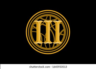 number type three set of roman numerals isolated with vintage circle frame in black background. Vector numbers concept. Design element for clock face, banners, posters.