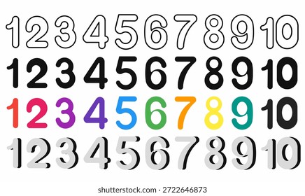 Ícone de tipografia numérica definido de 1 a 10.1,2,3,4,5,6,7,8,9,10,um,dois,três,quatro,cinco,seis,sete,oito,nove,dez em contorno, negrito, colorido e silhueta.para educação, infográfico e design gráfico