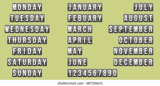 Number, weekly and month calendar, mechanical panel letters, flat design