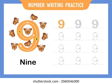 hojas de prácticas de escritura de números nueve para jardines de infancia o preescolar