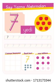 Number writing practice Turkish - number 7,  coloring box, flash card, number chart