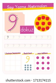 Number writing practice Turkish - number 9,  coloring box, flash card, number chart