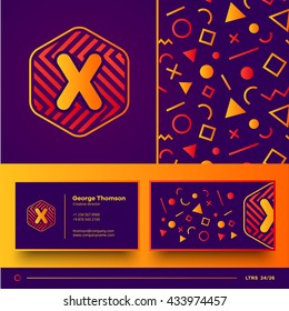 Number X logo element with seamless pattern and business card. Vector design template elements for your application or corporate identity