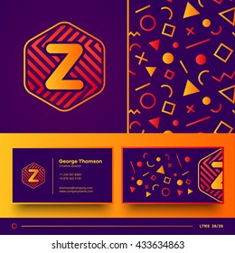 Number Z logo element with seamless pattern and business card. Vector design template elements for your application or corporate identity