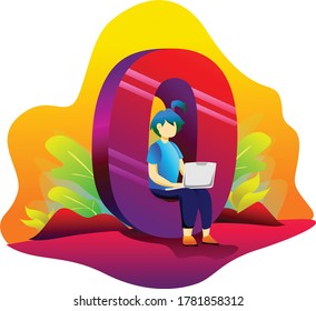 number zero 0 alphabet 3d with cute flat illustration combine the number and character